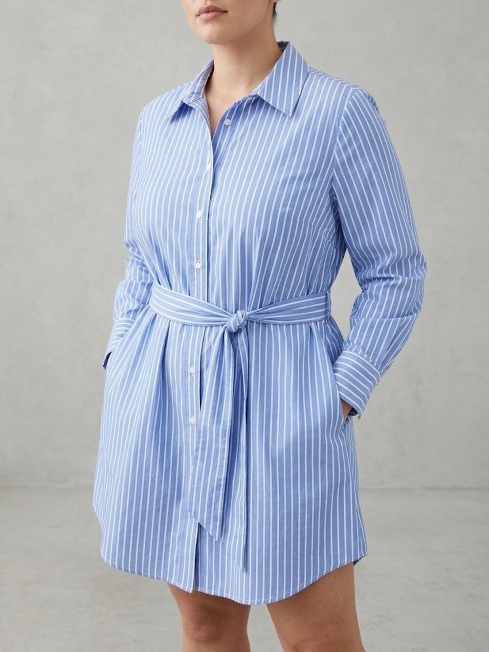 Lane Bryant Womens 22 Blue White Striped Button Up Tunic Shirt Belted Plus Size